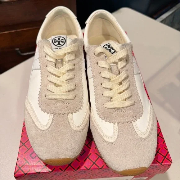 Tory Burch Hank Sneaker Snow White Beige Suede Leather Lace Up Women 9.5 - Picture 4 of 12